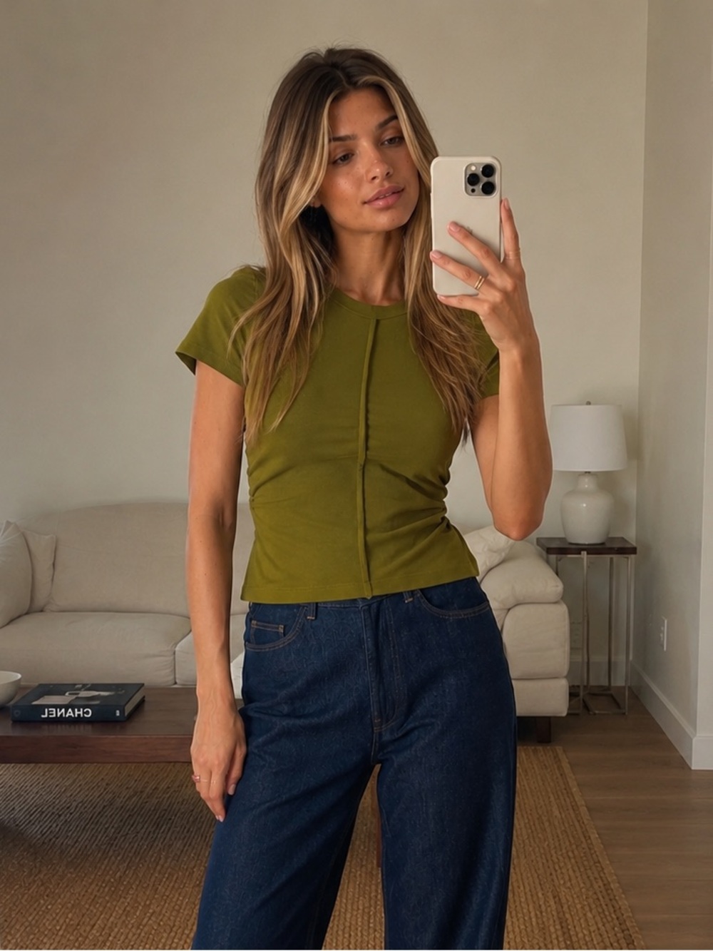 Khaki Short Sleeve Ruched Seam Top